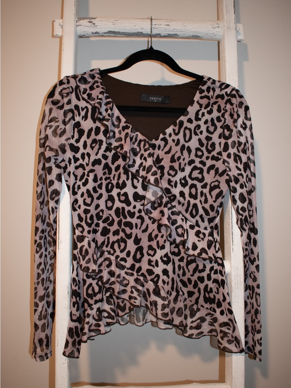 Pink Leopard Print Ruffled Long-Sleeve Top